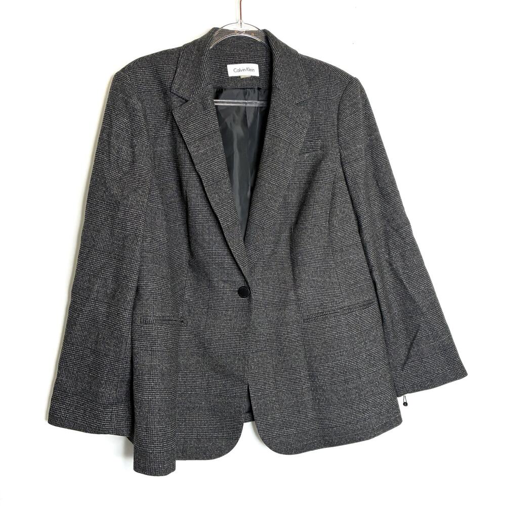 Calvin Klein Gray Micro Plaid Blazer Polyester Blend NWT Womens 18W